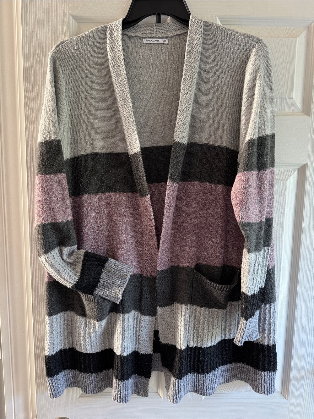 Pink Clover Striped Open-Front Cardigan in Gray, Black & Mauve